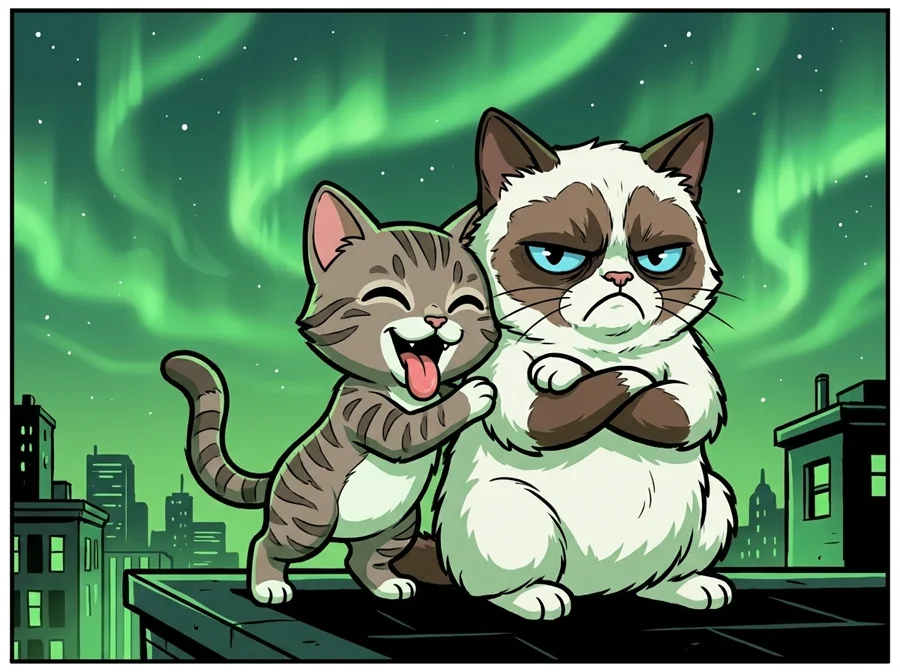 Bub sitting happily next to a frowning Grumpy Cat on a rooftop