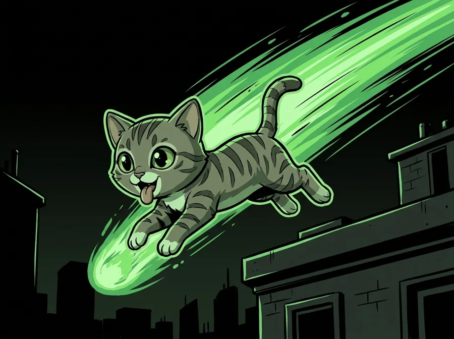 Bub leaping between rooftops with a green comet trail